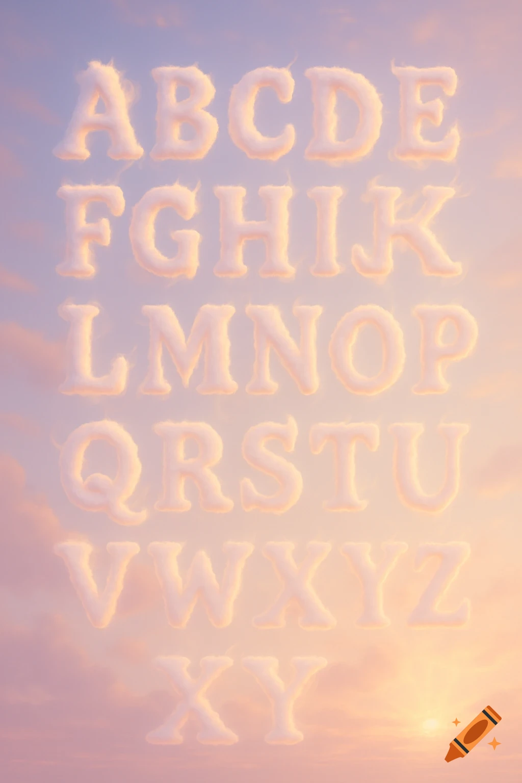 The English alphabet (A-Z) rendered as fluffy white clouds against a pastel sunset sky.