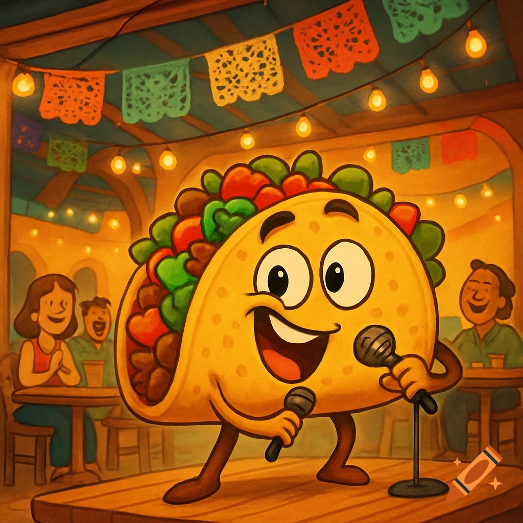 A happy anthropomorphic taco character sings into two microphones on a stage in a festive restaurant, with an audience and colorful banners overhead.