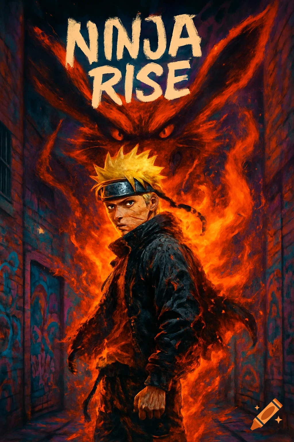 Naruto Uzumaki in a black jacket, engulfed in orange flames, stands in a graffiti alley with a fiery Nine-Tails shadow behind him. Text reads 'NINJA RISE'.