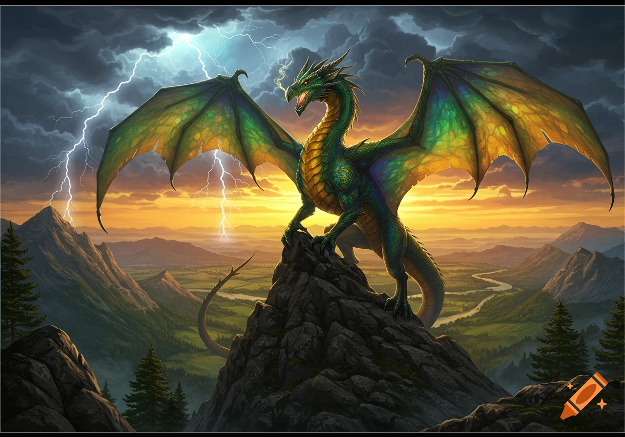 Majestic green dragon with iridescent wings on a stormy mountain peak, lightning strikes as sun sets over a valley.