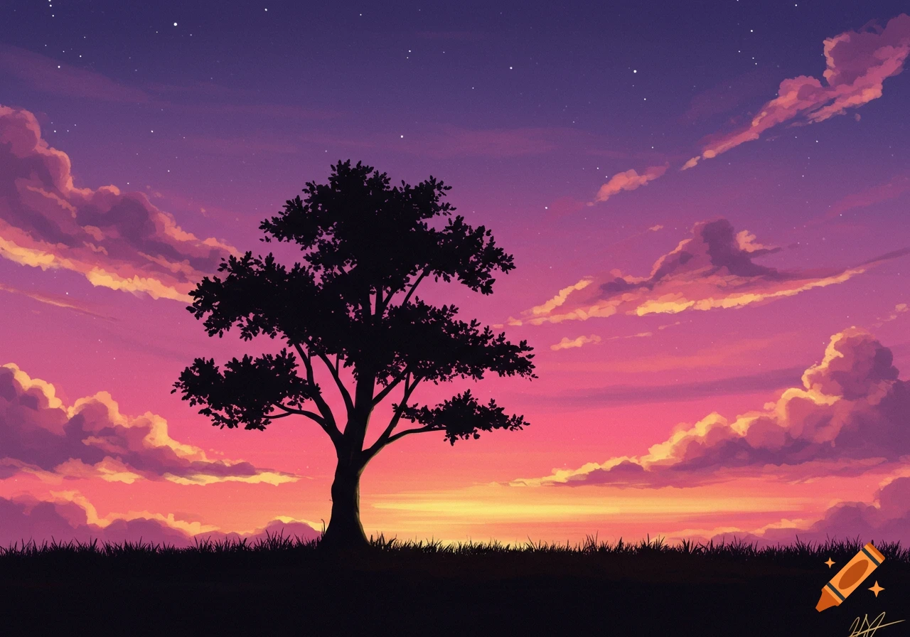 A silhouetted tree and grassy ground stand against a vibrant purple and pink sunset sky with scattered clouds and stars, in an illustrative style.
