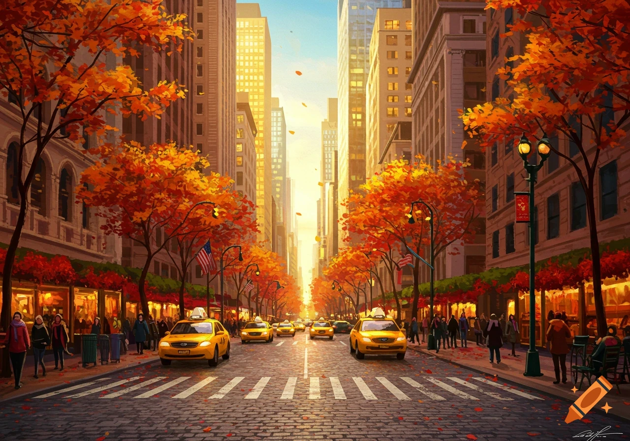 A vibrant, painterly autumn cityscape with yellow taxis on a cobblestone street lined with tall buildings and trees with bright orange and red leaves.
