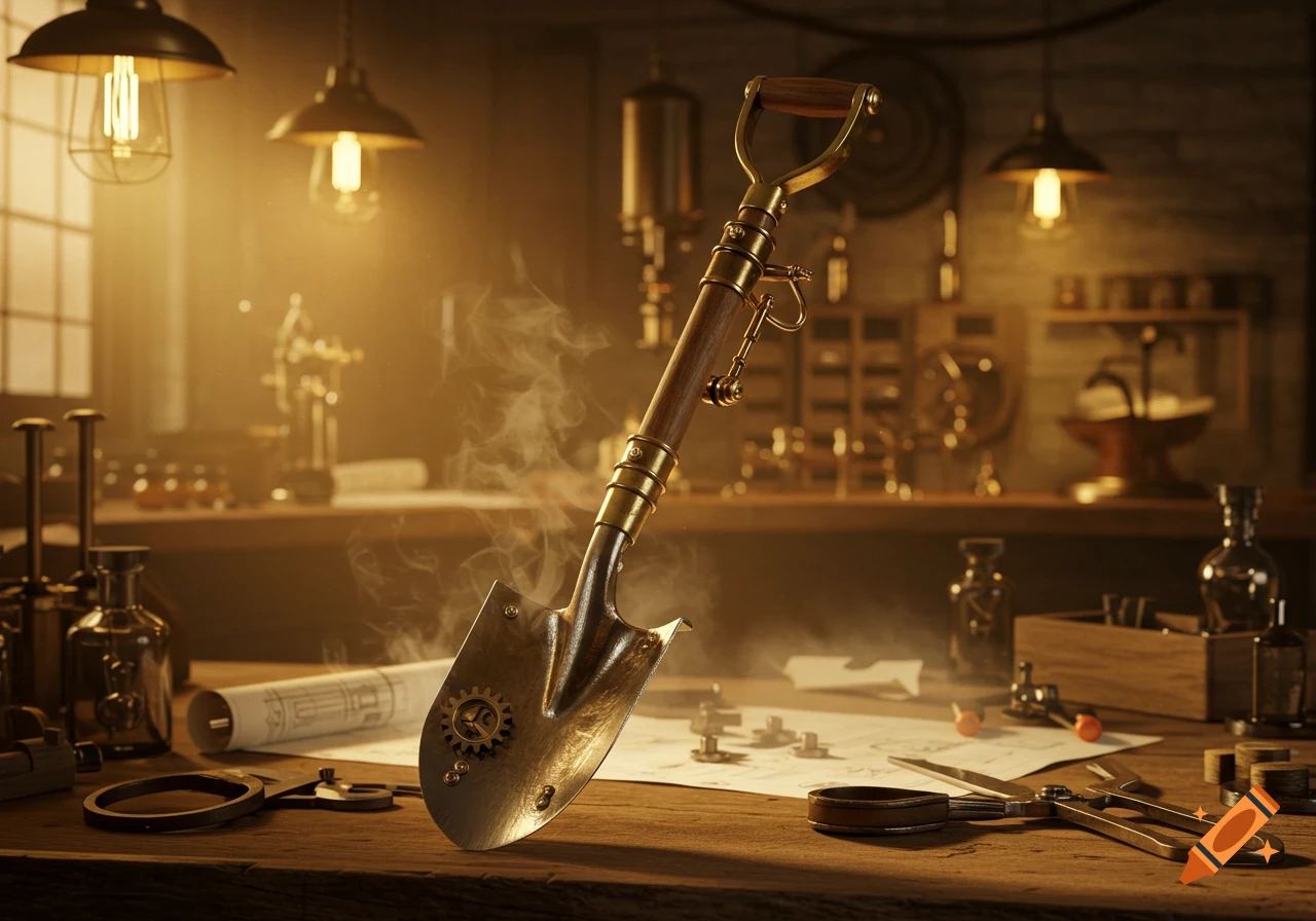 Photorealistic image of a detailed steampunk shovel with brass accents and gears, in a dimly lit workshop.