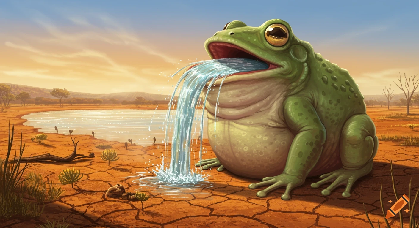Cartoon illustration of a large green frog spitting water into a parched lake in a cracked desert landscape under an orange sky.