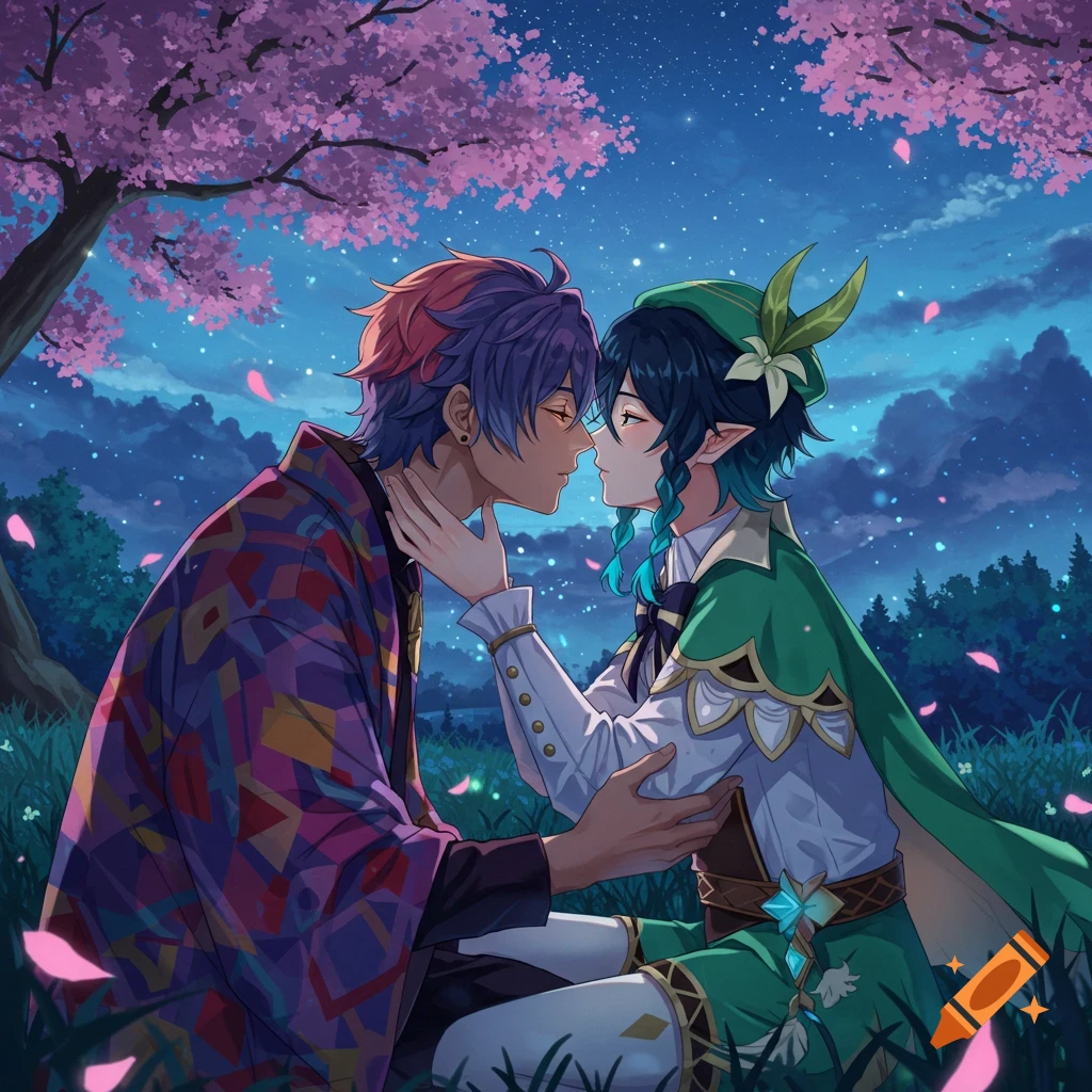 Two anime characters, one with purple-red hair and another with green-blue hair and elf ears, embracing under a cherry blossom tree at night.