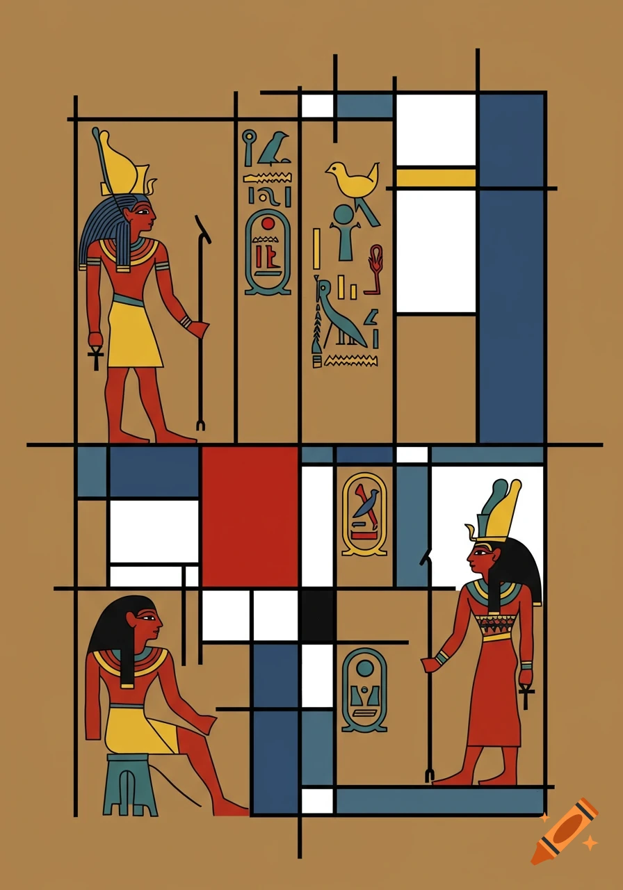 Egyptian-style figures and hieroglyphs within a geometric grid of black lines, colored, and white rectangles, reminiscent of Piet Mondrian's art.