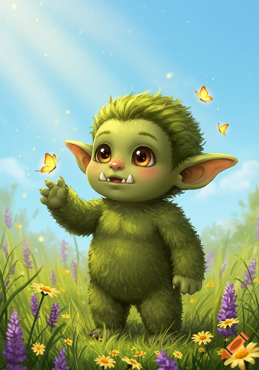 A cute, green, furry creature with tusks reaches for a butterfly in a sunny meadow with colorful flowers, digital illustration.