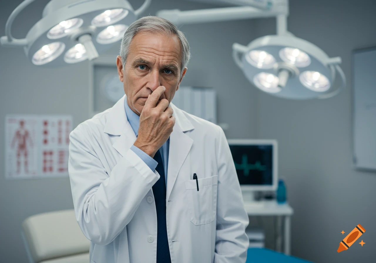 A serious-looking older male doctor in a white lab coat and tie, standing in an operating room with his finger to his nose, appears to be picking it.