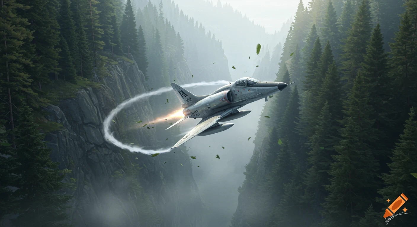A grey military jet, an A4 Skyhawk, flies through a misty forest valley, leaving a vapor trail and scattering leaves.