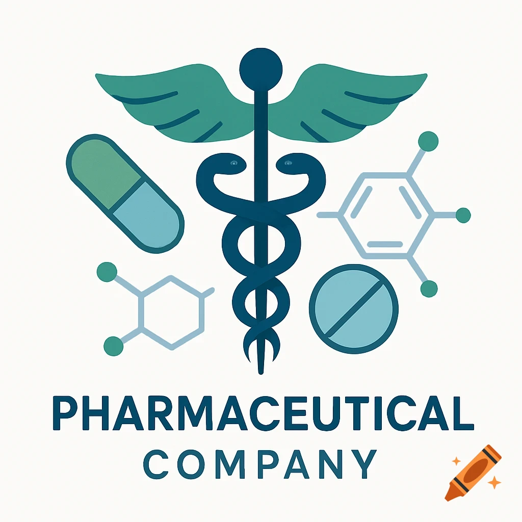 Pharmaceutical company logo with a caduceus, pill, tablets, and molecular structures in blue and green.