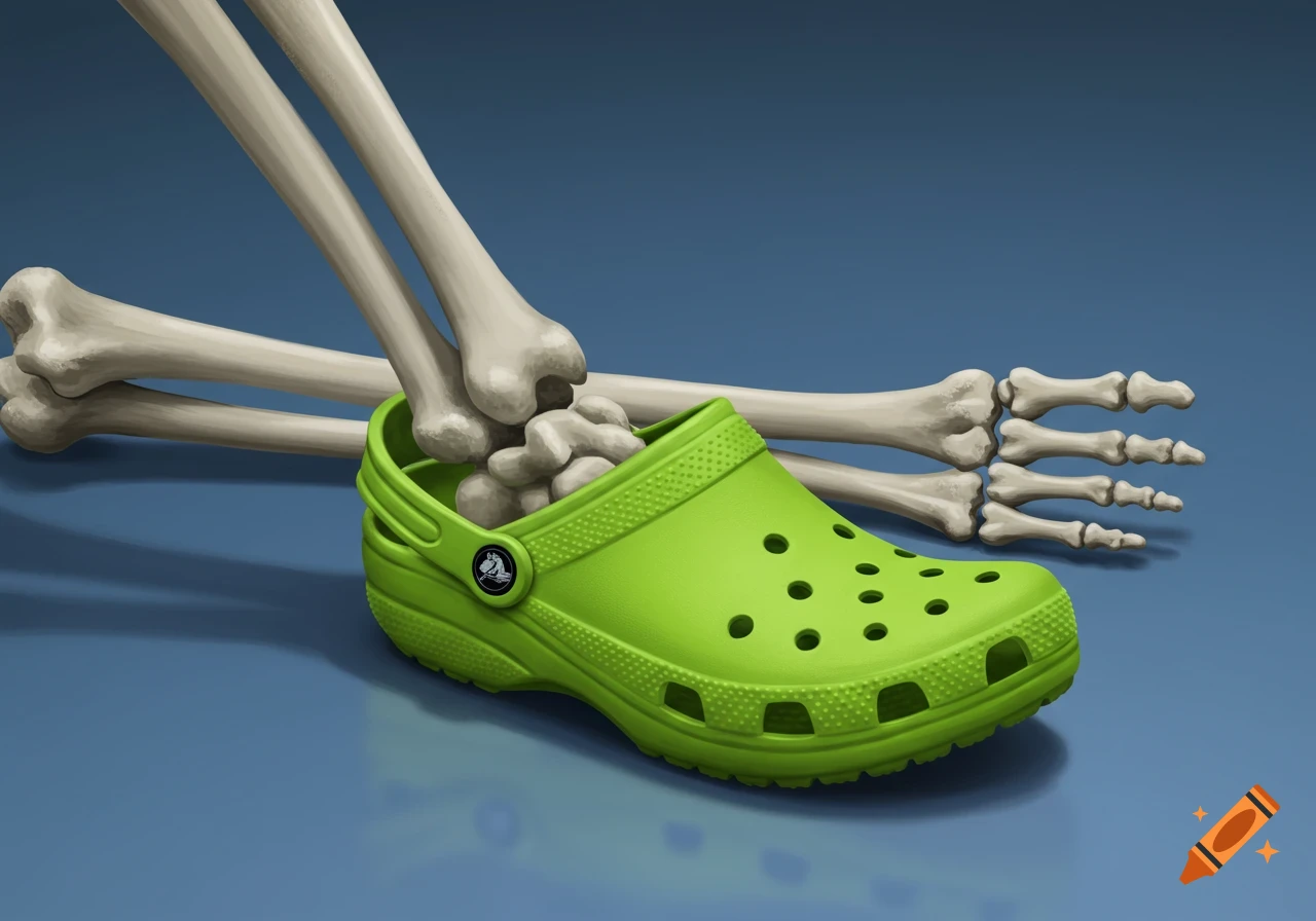 An illustration of a stylized skeleton leg wearing a bright green Croc shoe against a blue background.