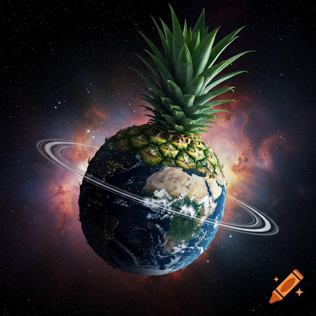 Photorealistic Earth with pineapple skin and top, orbited by rings, against a colorful nebula in space.