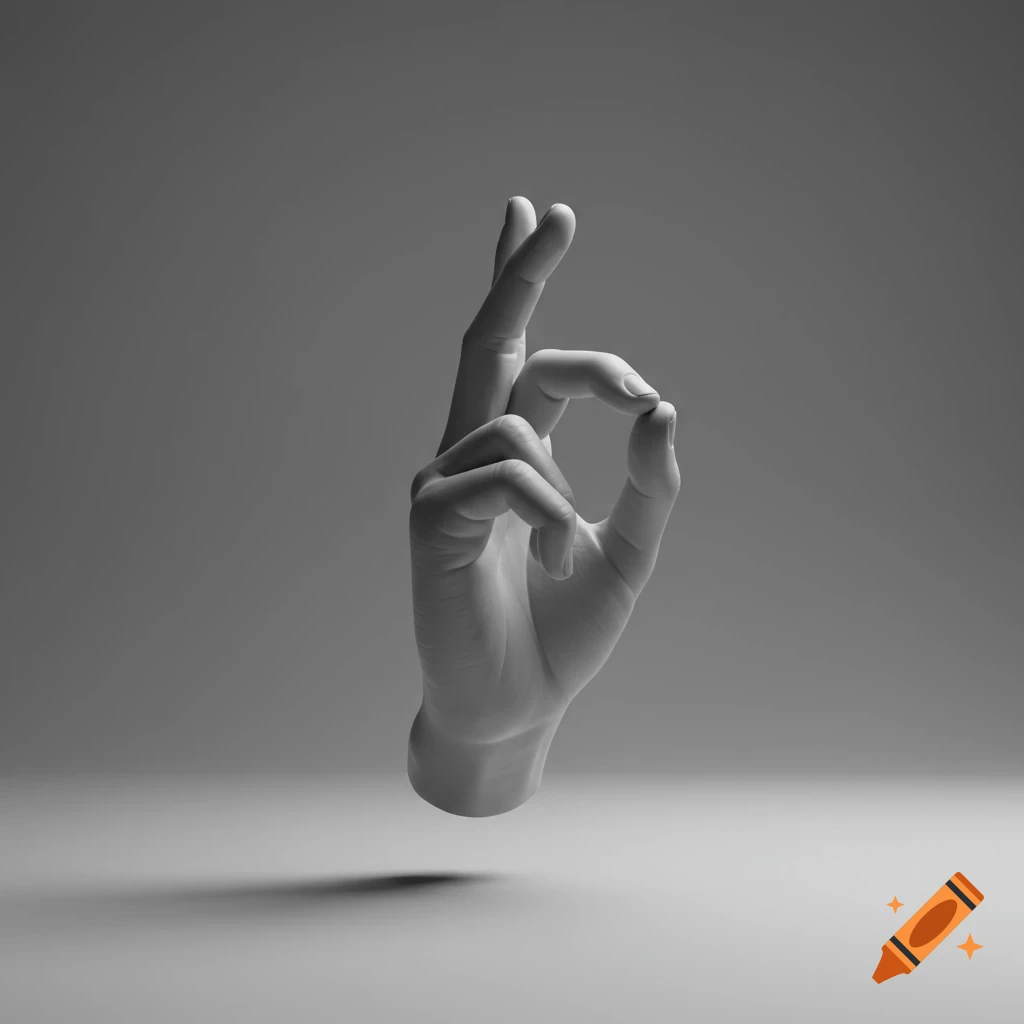 A stylized, monochromatic image of a hand making an 'OK' gesture with three fingers extended upwards, floating against a plain gray background with a subtle shadow below.