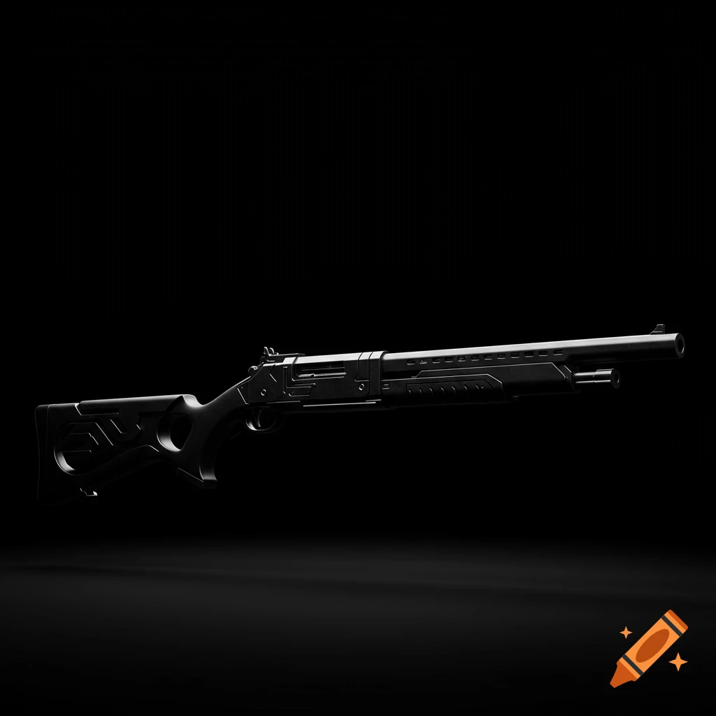 A sleek, jet black futuristic musket rifle depicted against a dark, minimalist background.