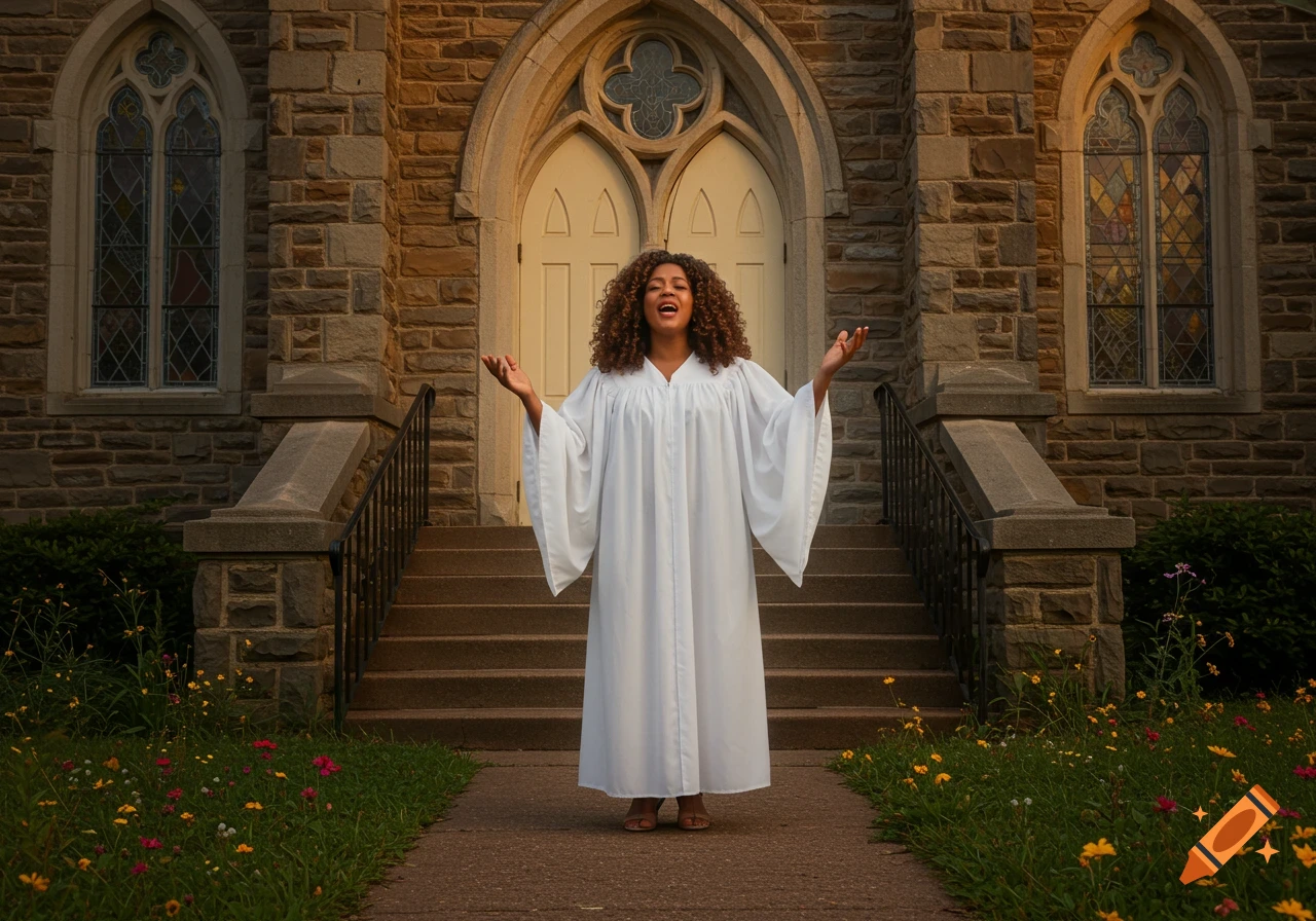 A woman with curly brown hair in a white robe sings outside a stone church with stained glass windows.