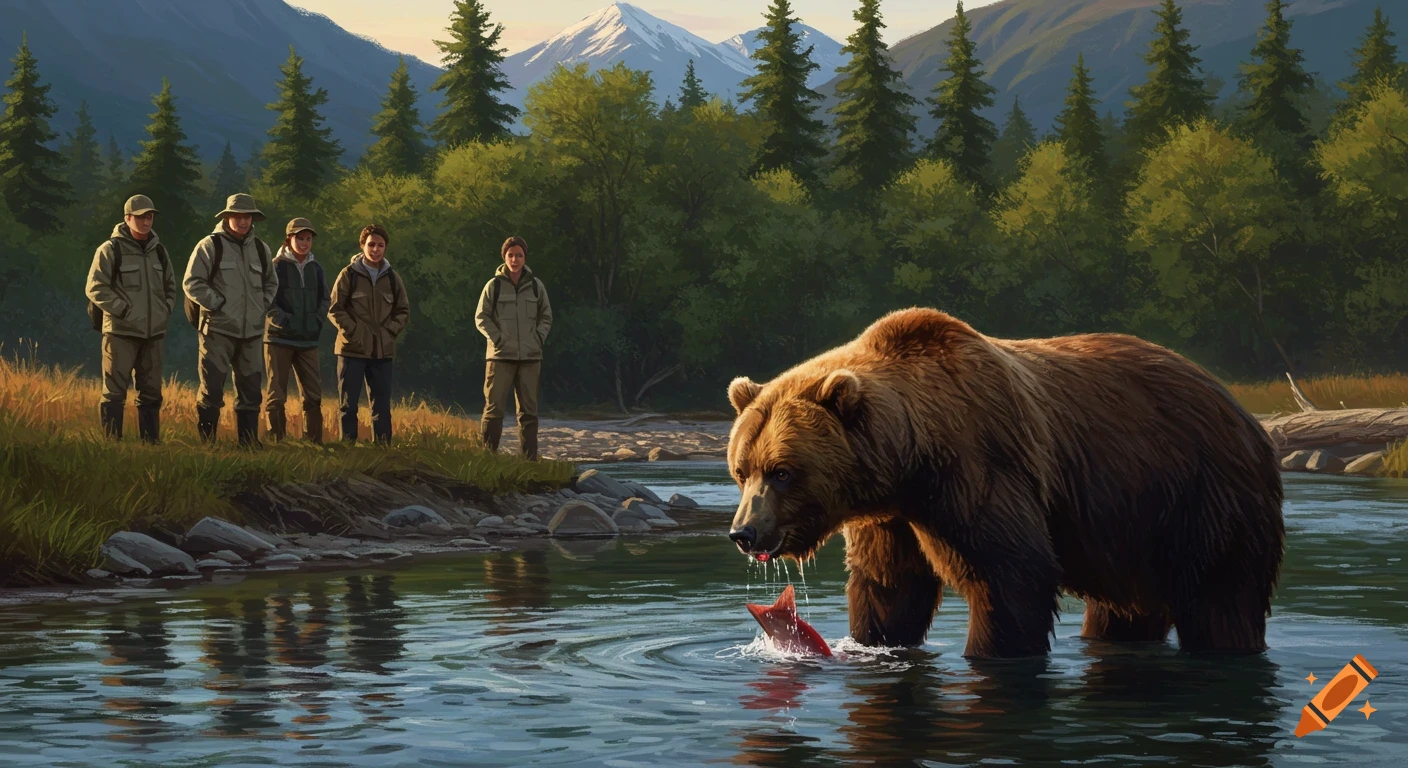 A brown bear catches a salmon in a river as a group of people watch from the grassy bank, with mountains and a forest in the background.