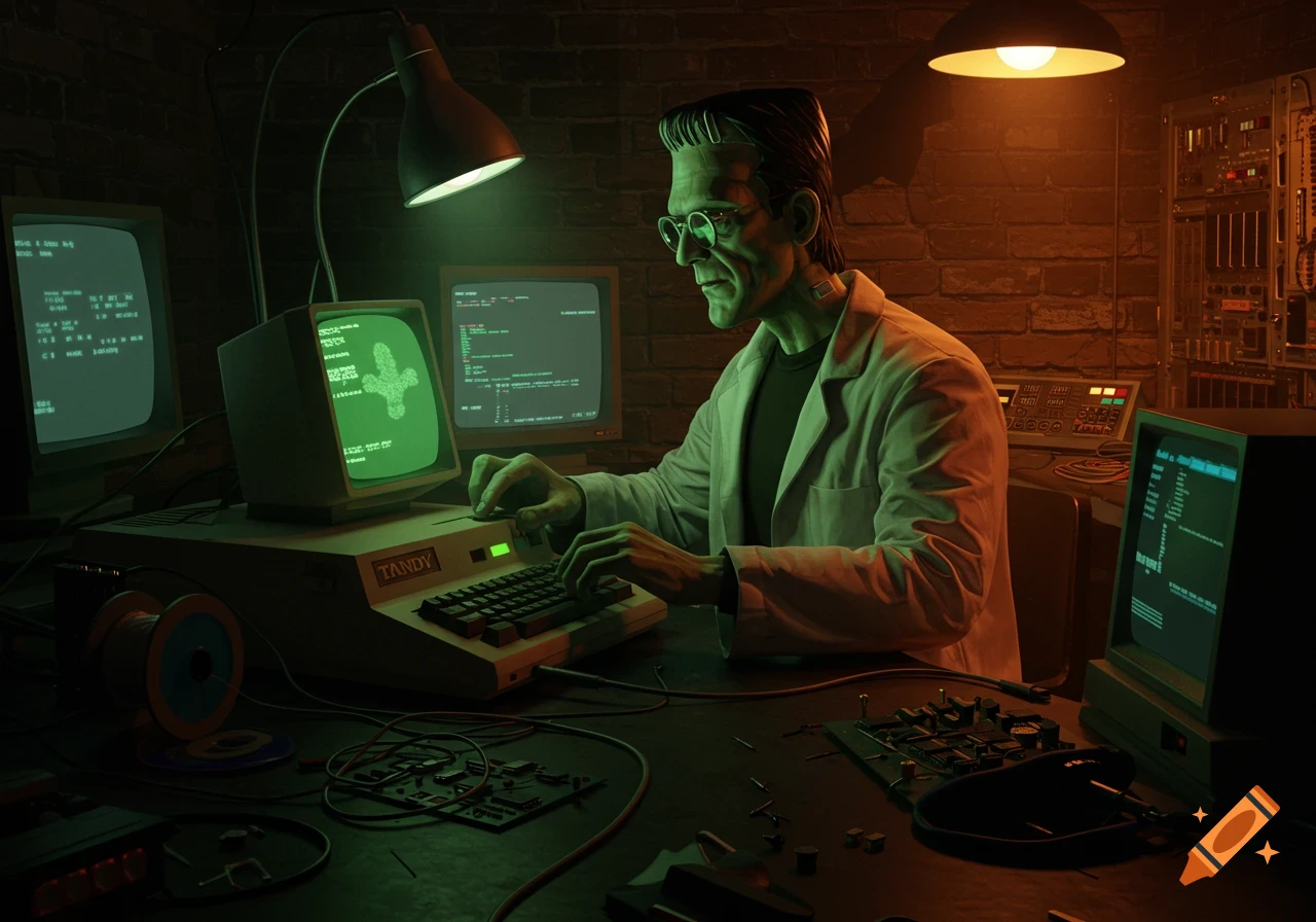 Frankenstein's monster in a lab coat, wearing glasses, intently types on a vintage Tandy computer with green screens displaying code and a cactus graphic in a dimly lit, brick-walled room.