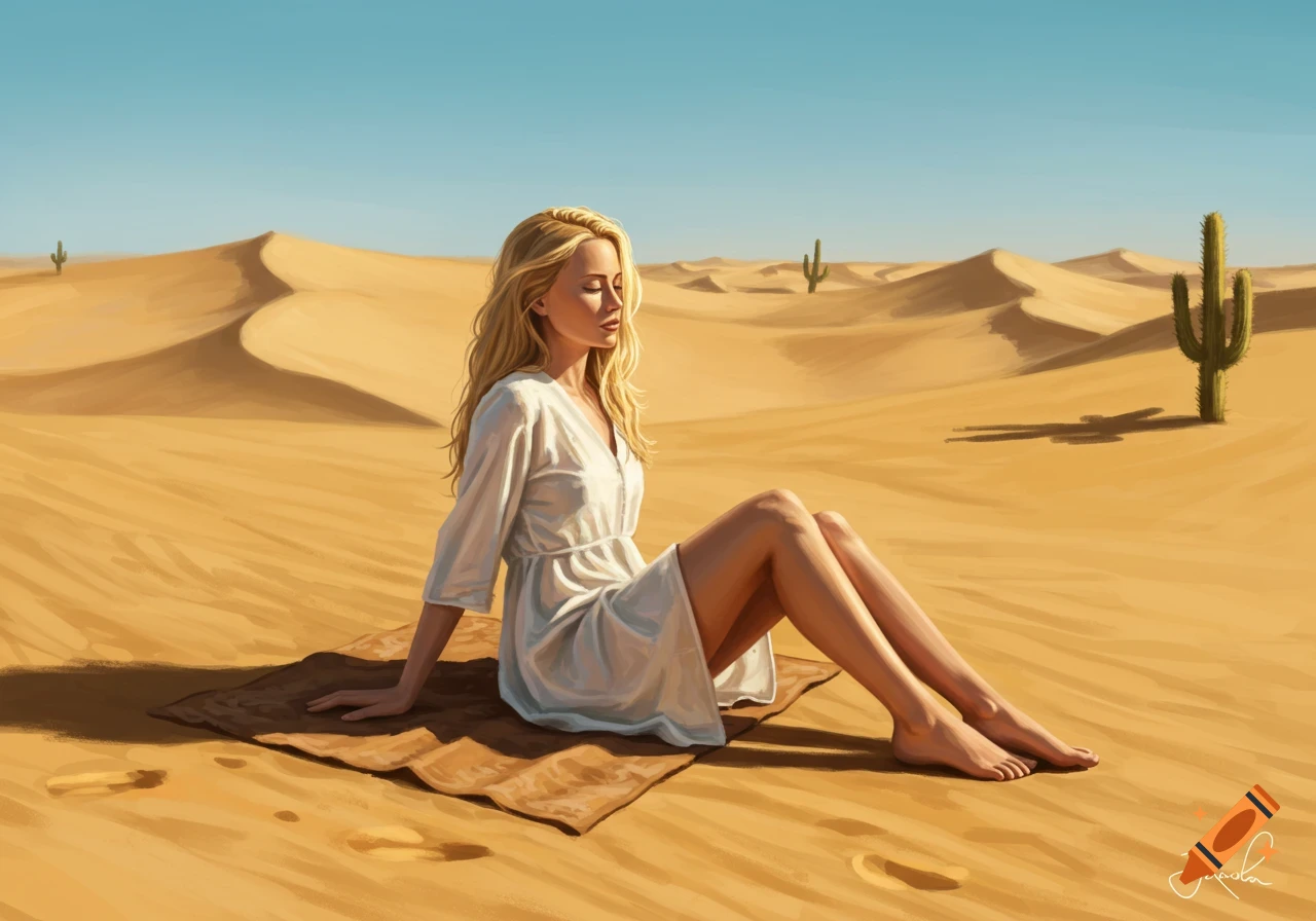 Blonde woman sitting in a white dress on a blanket in a vast desert with sand dunes and cacti, digital painting.