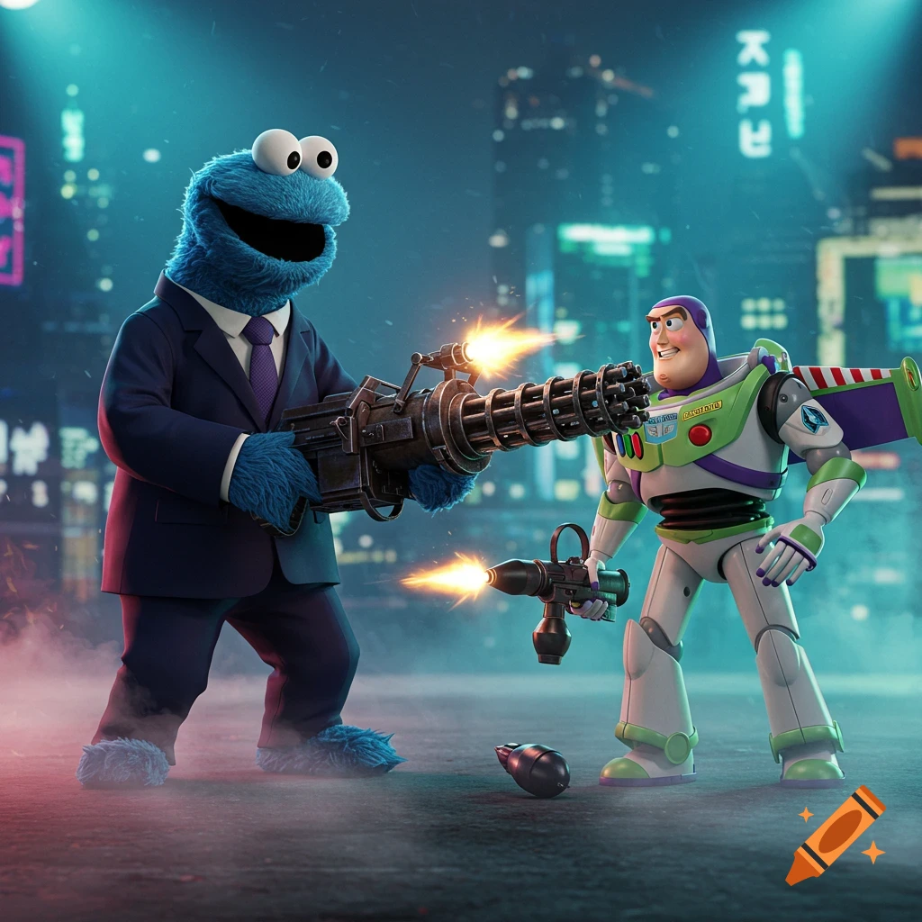 Cookie Monster in a suit with a minigun faces Buzz Lightyear with an RPG in a neon-lit city, both firing, in a 3D animated style.