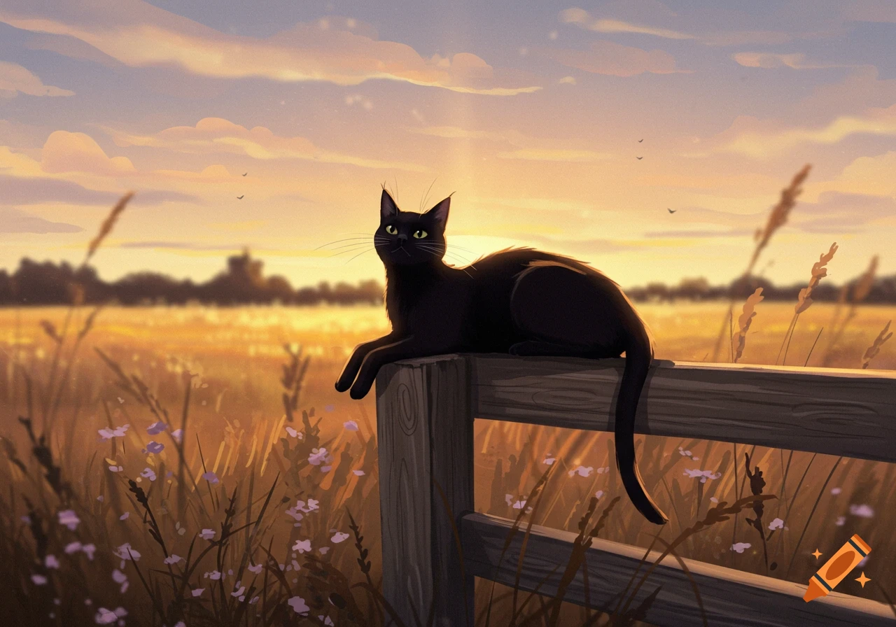 An illustration of a black cat lying on a wooden fence in a field with wildflowers under a golden sunset sky.