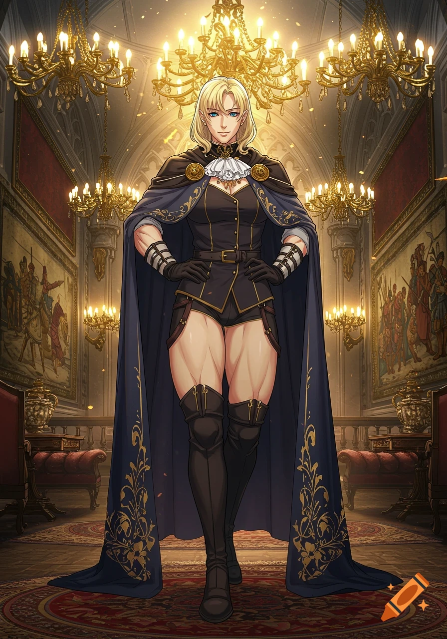 A tall, muscular blonde woman in a dark royal outfit and long cape stands in a lavish anime-style manor with chandeliers.