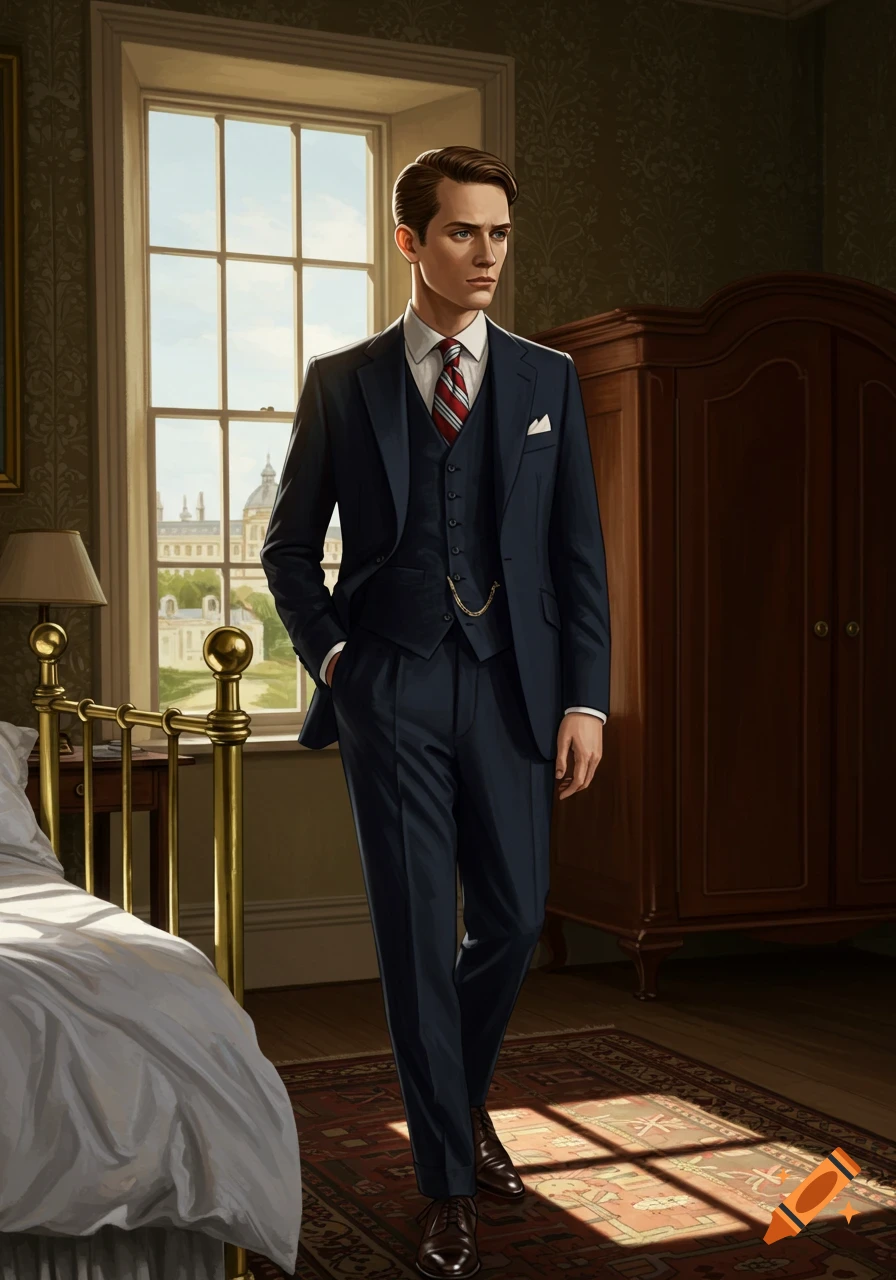 Young man in a dark three-piece suit and striped tie stands in a sunlit bedroom next to a window overlooking a grand building.