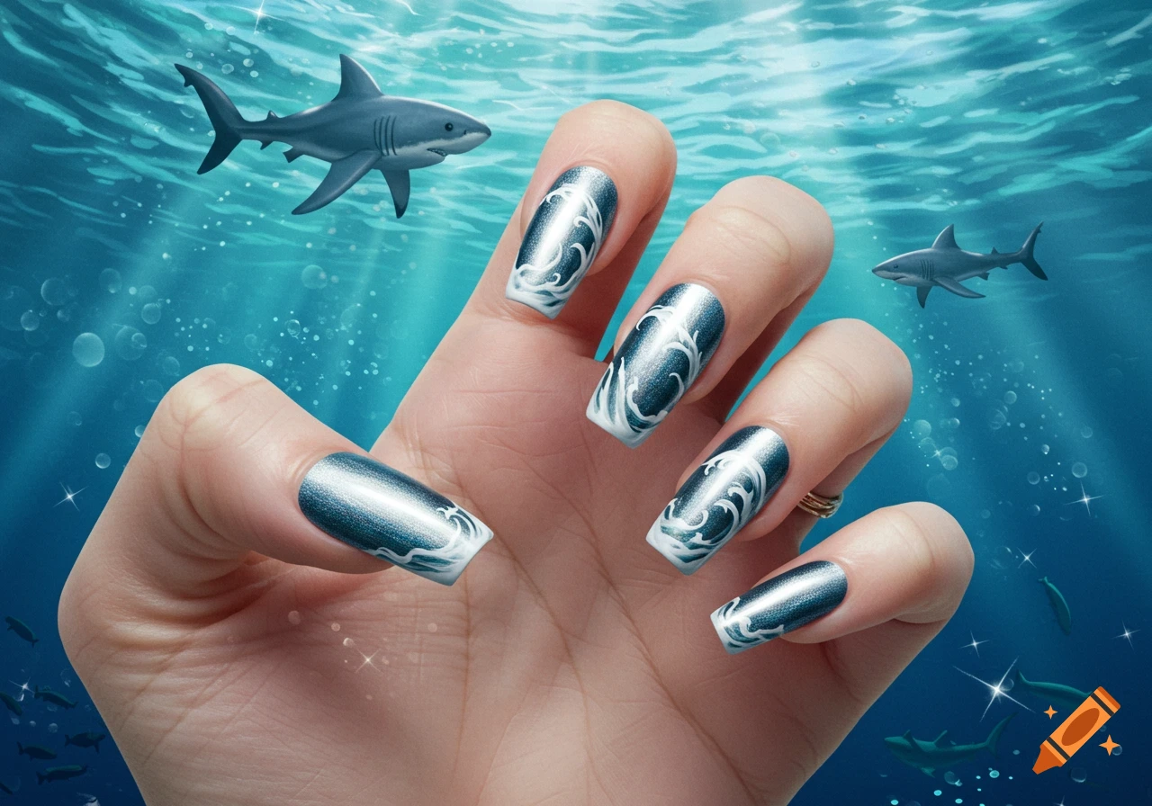 A hand with shiny blue nail art featuring white waves and a silver shimmer, set against an underwater background with sharks swimming.