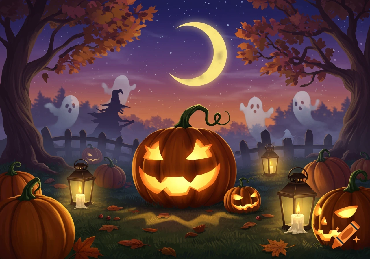A nighttime Halloween illustration with glowing jack-o'-lanterns, ghosts, a witch silhouette, and a crescent moon.