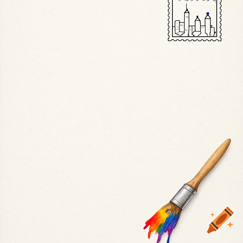 A simple, off-white background with a postage stamp showing a line-art cityscape in the upper right, and a paintbrush dripping rainbow colors in the lower right.