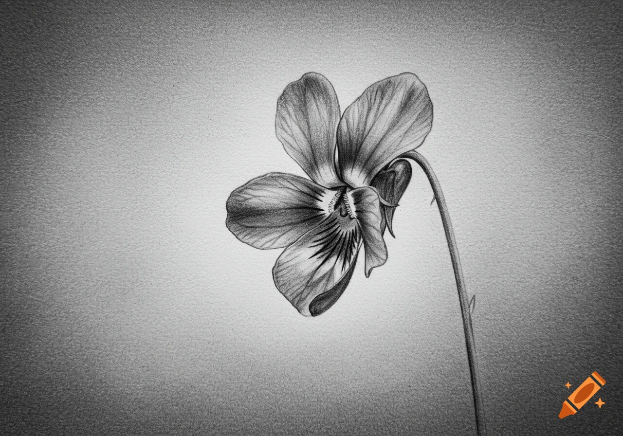 Black and white pencil sketch of a delicate, slightly drooping violet flower with a minimal, soft background.
