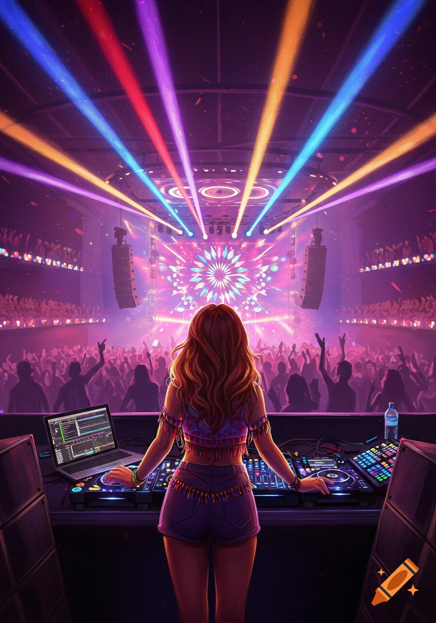 A young woman DJs at a vibrant, colorful music event with laser lights and a dancing crowd.