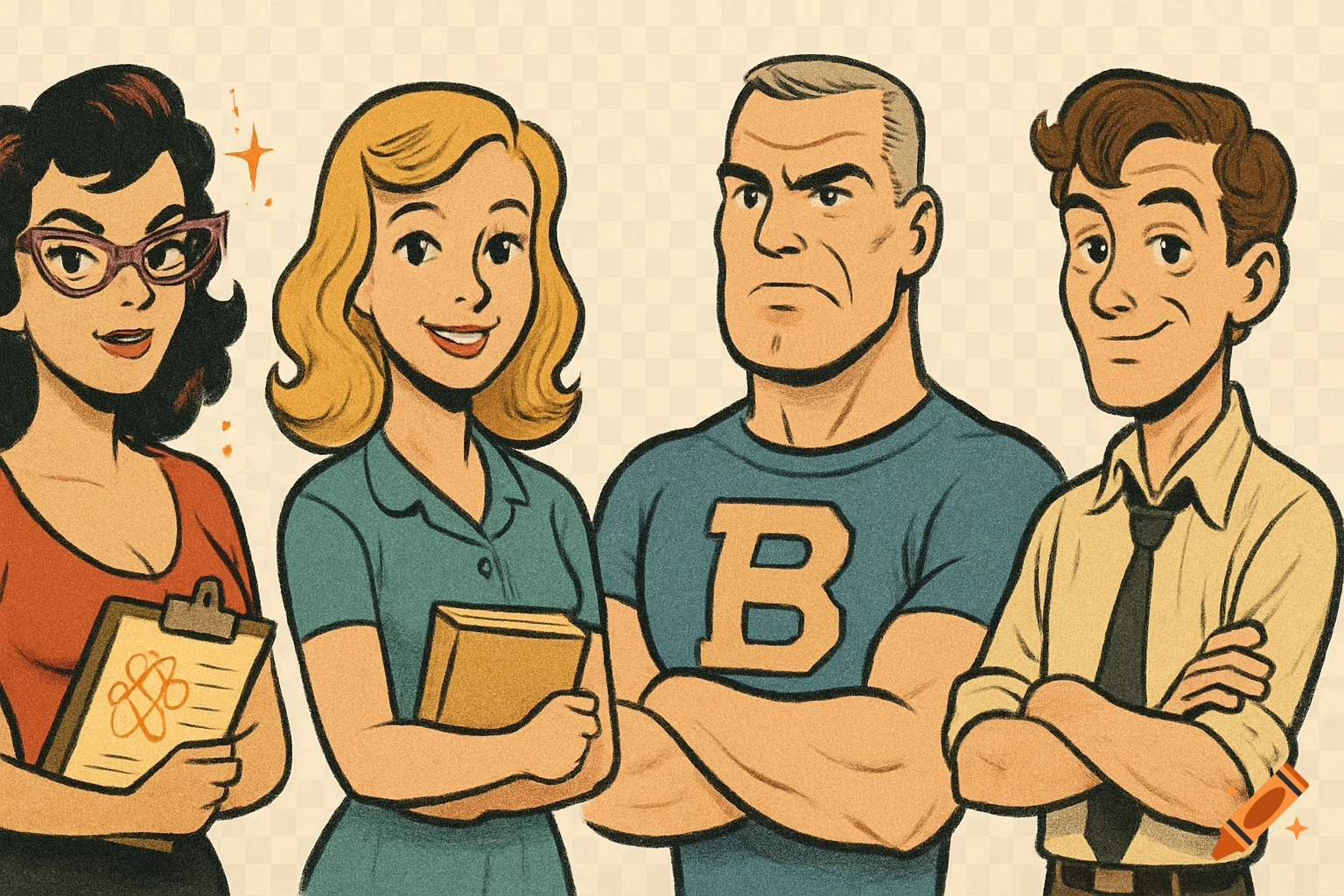 Four diverse cartoon characters in a vintage comic art style. A woman with glasses holds a clipboard, another woman holds a book, a muscular man wears a shirt with a 'B', and a man in a tie stands with crossed arms.
