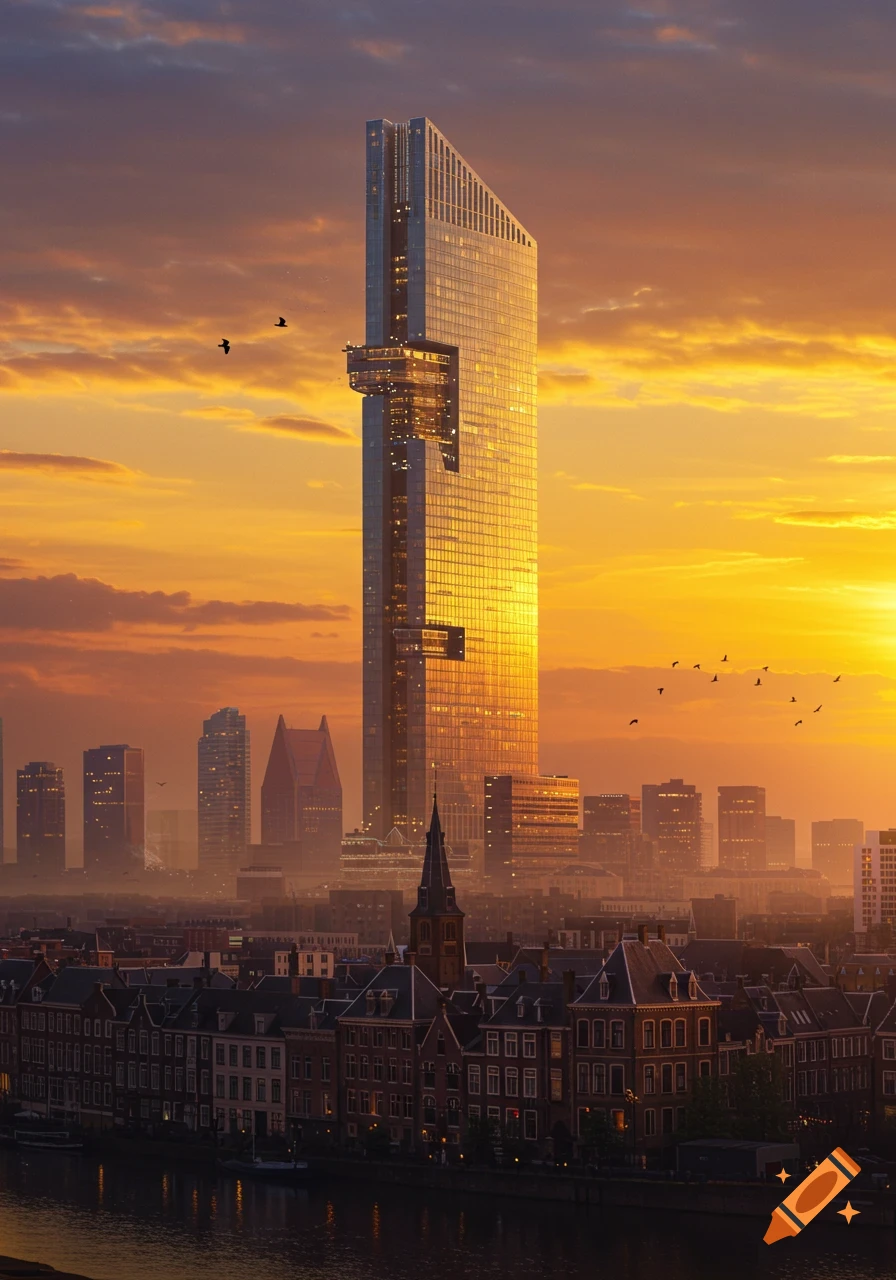 A towering modern skyscraper overlooks an older city with a church steeple at golden hour, with birds flying in the vibrant sky.