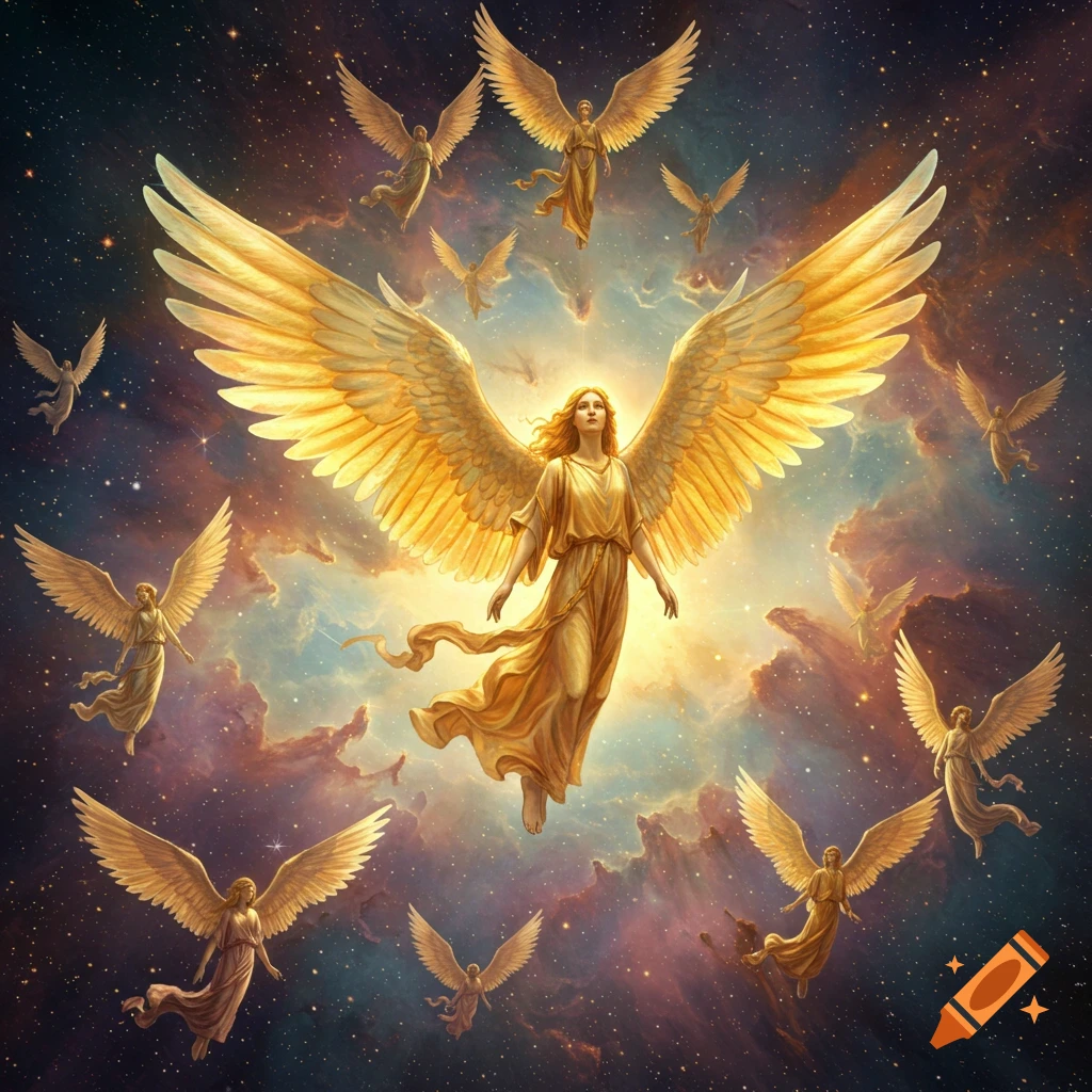A radiant golden-winged angel floats centrally with many smaller angels flying amidst a starry, colorful celestial cloudscape.
