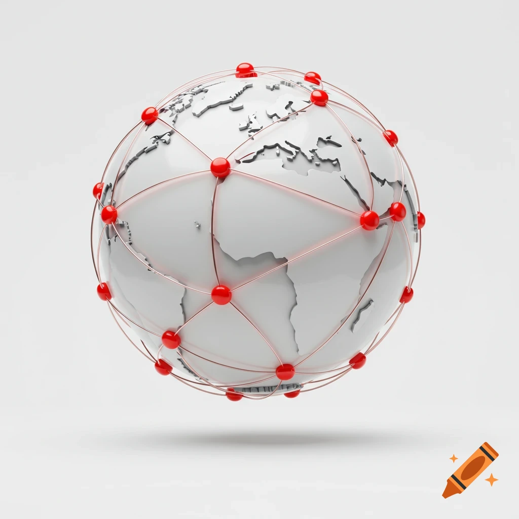 A white 3D globe with red interconnected dots symbolizing a global network, set against a plain white background.