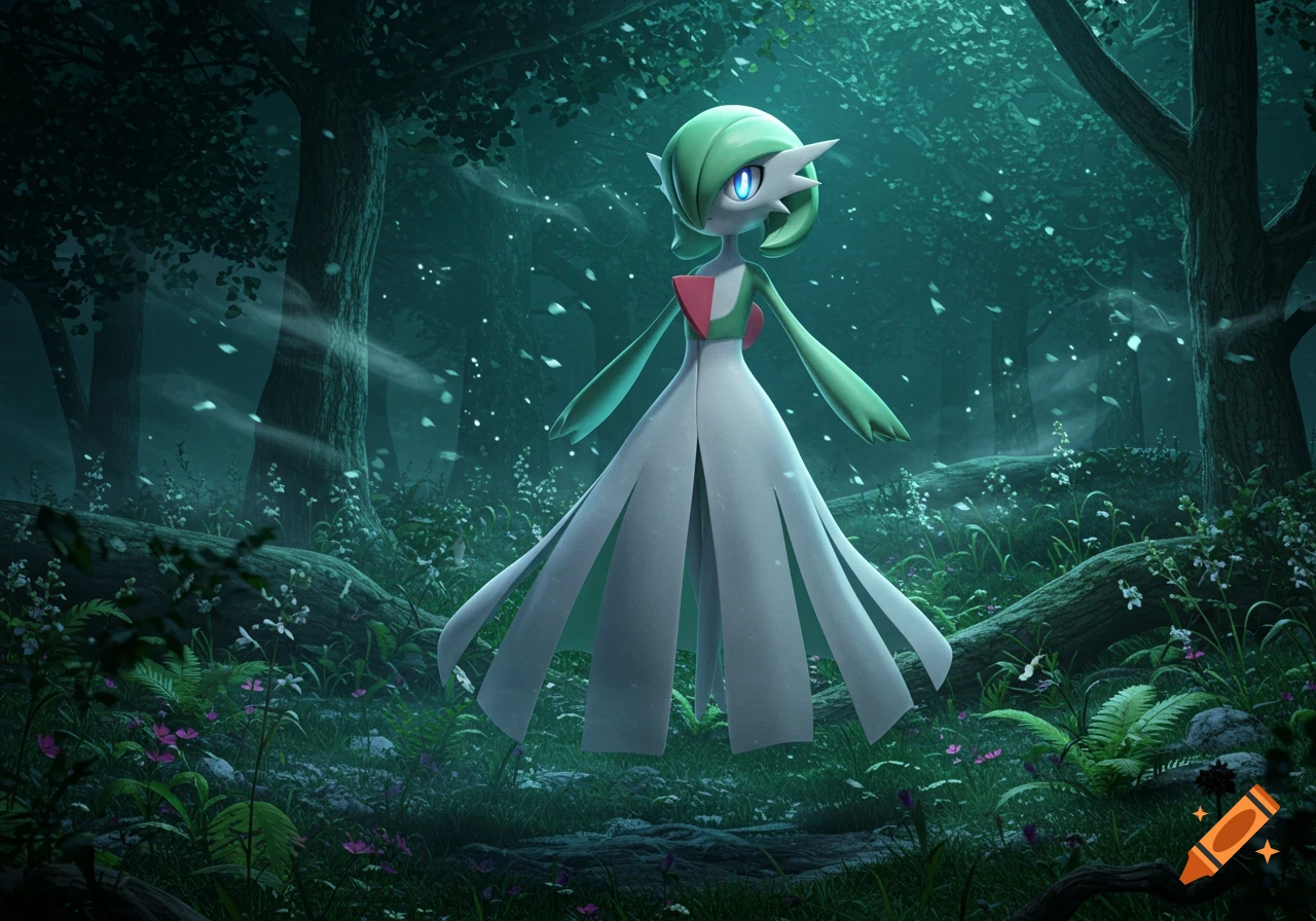 A realistic Gardevoir floats in a dark, mystical forest with glowing particles.
