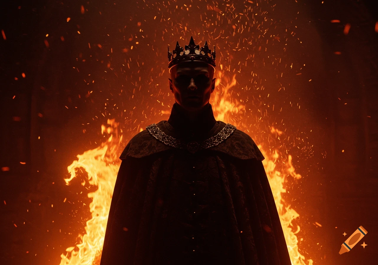A silhouetted king in a crown and cloak stands dramatically against a backdrop of fiery flames and sparks.