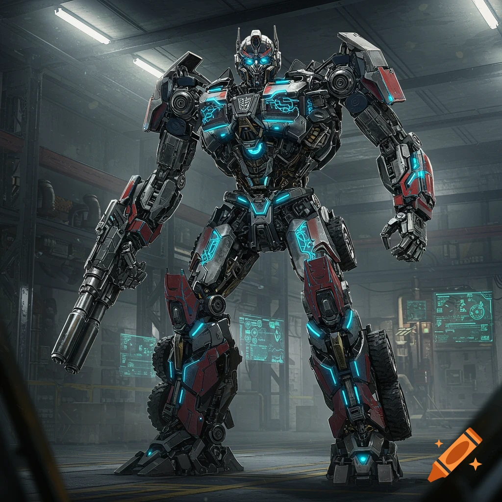 A detailed, photorealistic Transformers-style robot stands in a dimly lit industrial warehouse, glowing with blue internal lights.