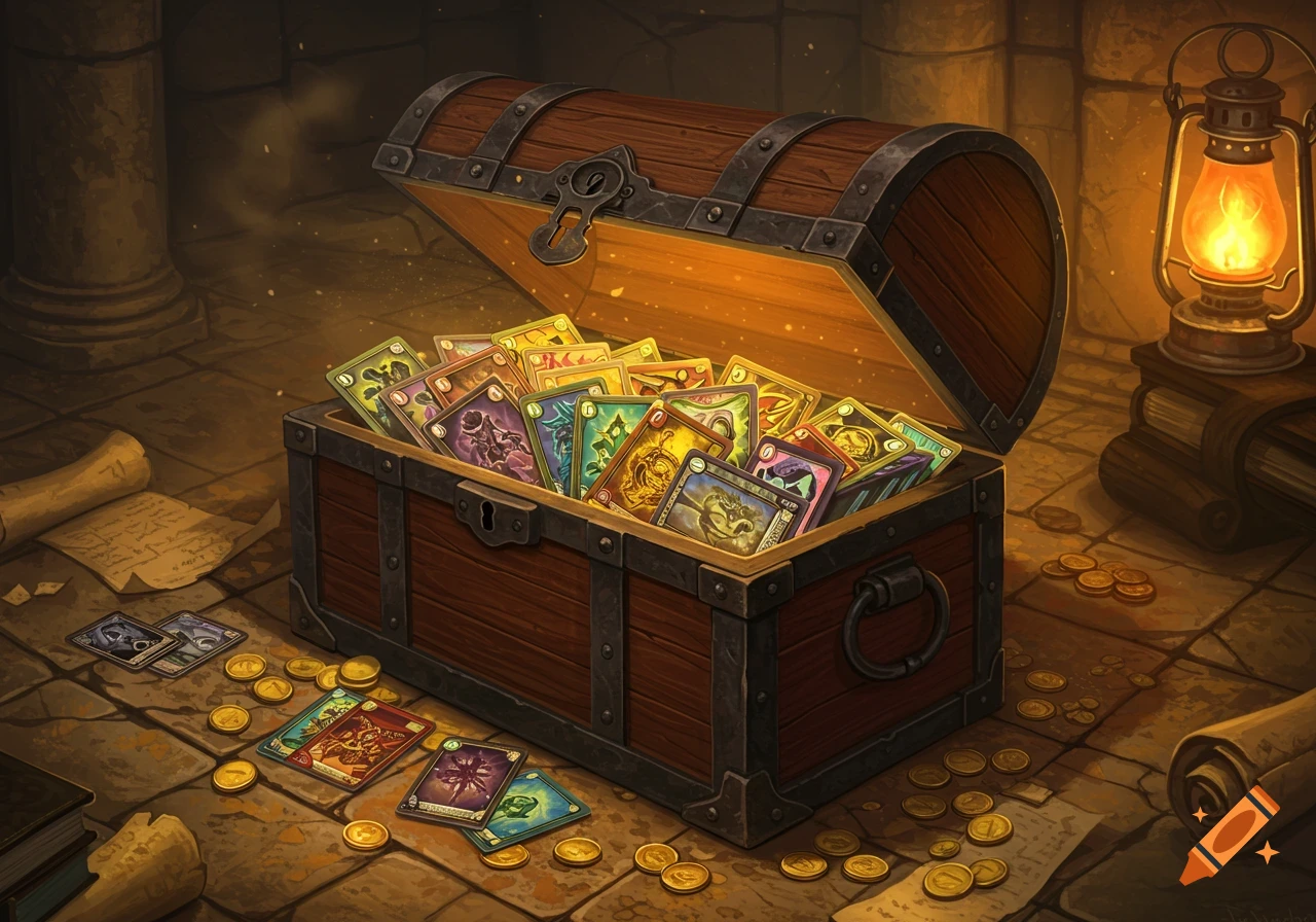 An open wooden treasure chest filled with colorful fantasy trading cards and gold coins on a stone dungeon floor, illuminated by a lantern.