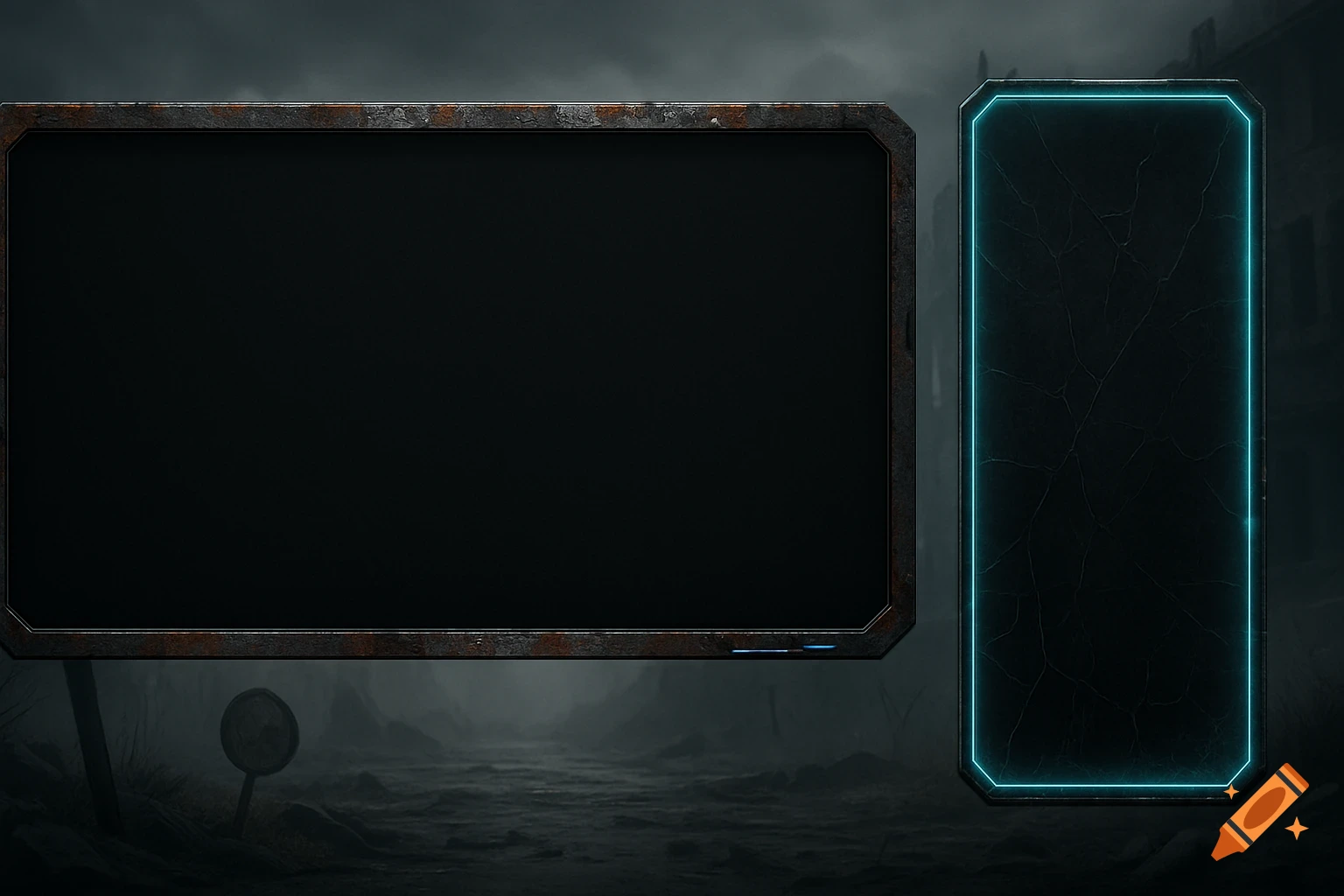 Dark post-apocalyptic streaming overlay with rusty rectangular and tall neon-blue glowing frames, against a foggy ruined landscape.
