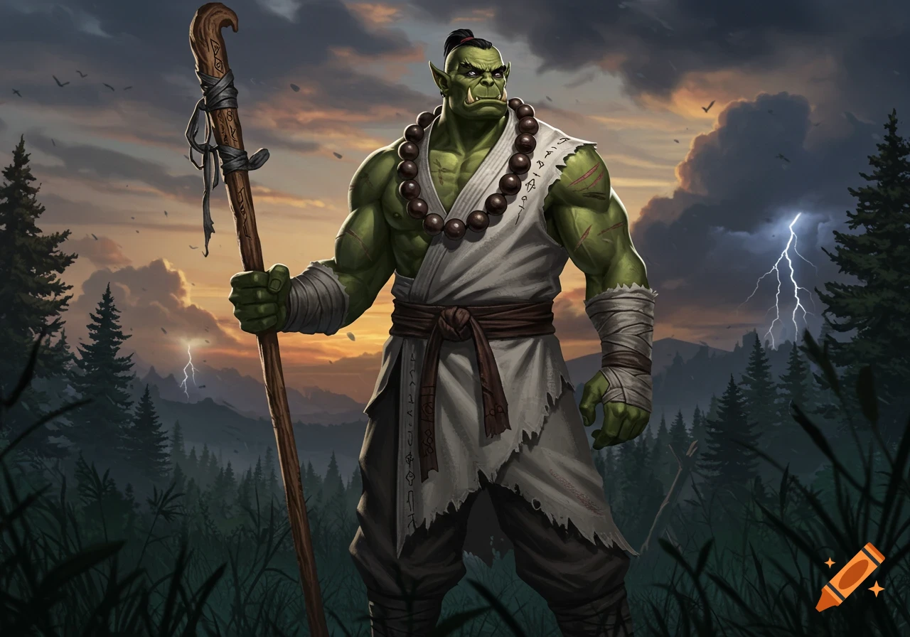 A muscular green orc monk with a topknot and prayer beads stands in a forest clearing at dusk, holding a runic staff. Lightning strikes in the background. Digital art.