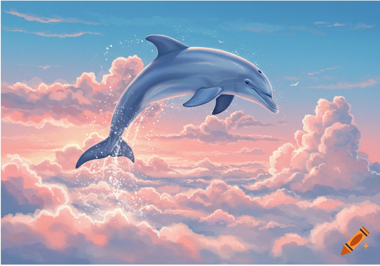 A blue dolphin leaps out of fluffy pink and orange clouds into a pastel blue sky, with water splashes. Illustrated.
