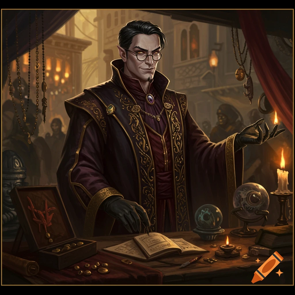 A dark-haired merchant in ornate robes and glasses stands behind a counter with magical items and books in a fantasy setting.