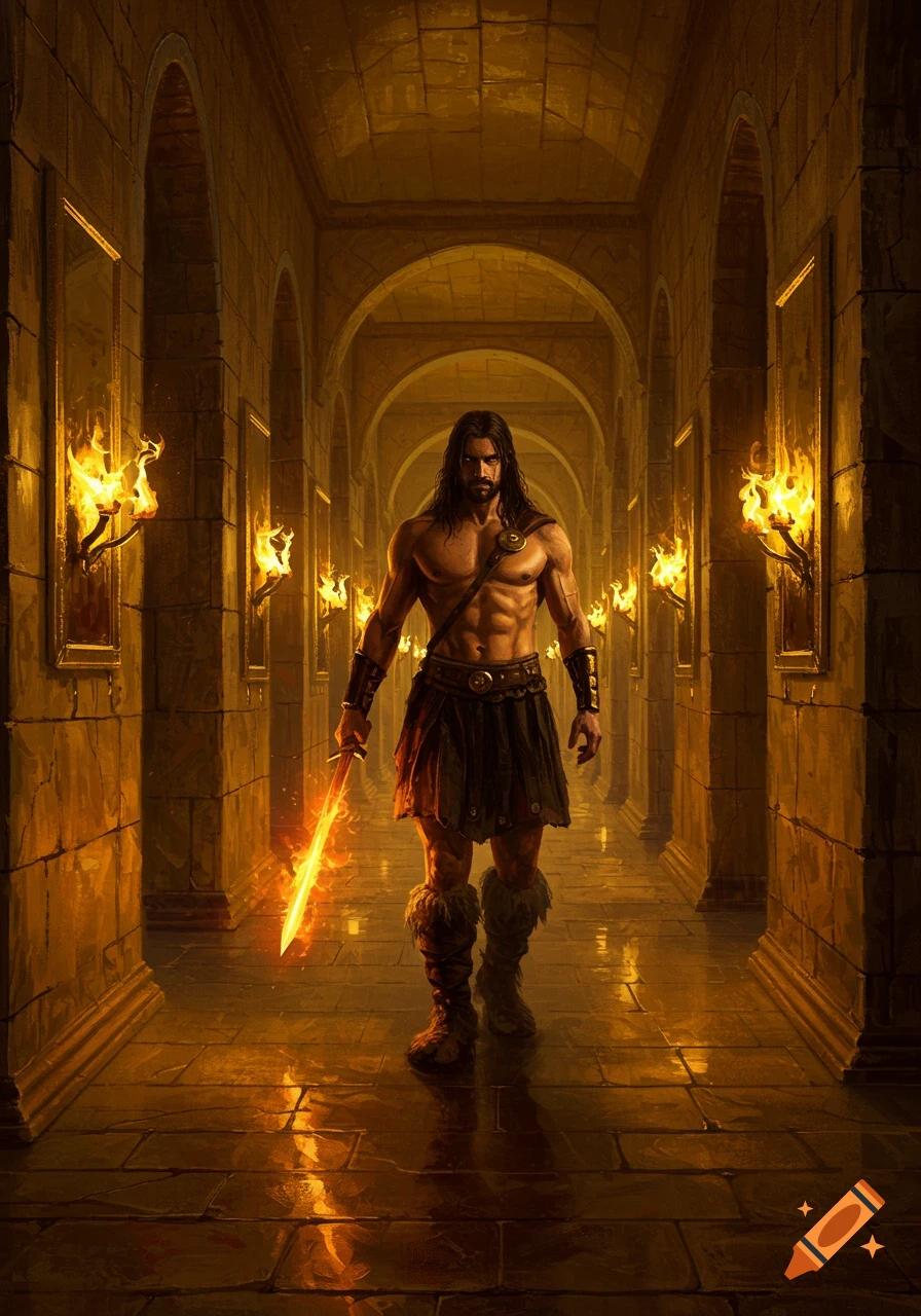 A muscular warrior with long dark hair, wearing a skirt and fur boots, walks through an ancient golden-lit stone corridor, holding a glowing fiery sword. Classic oil painting style.