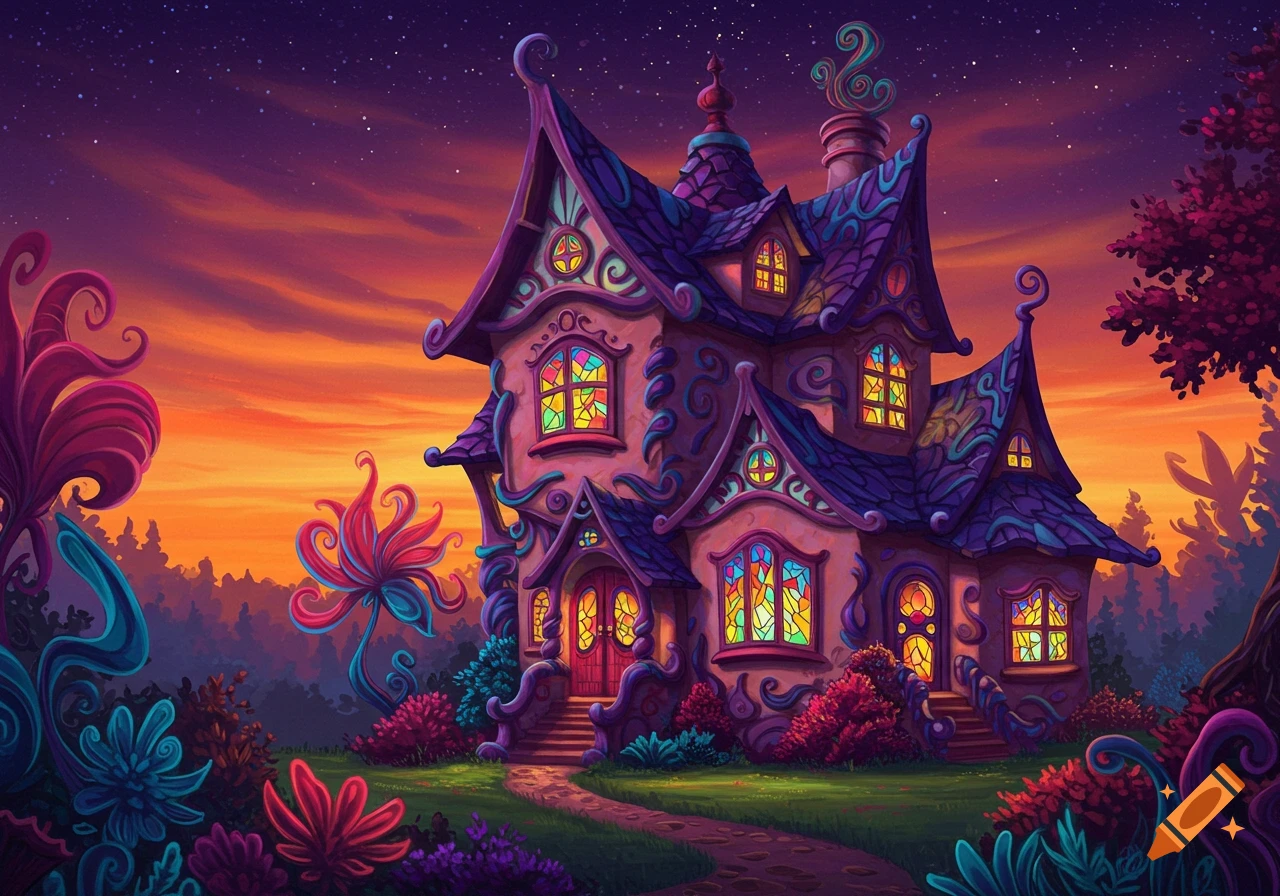 A vibrant, ornate fantasy house with stained glass windows, surrounded by colorful psychedelic plants under a twilight sky.