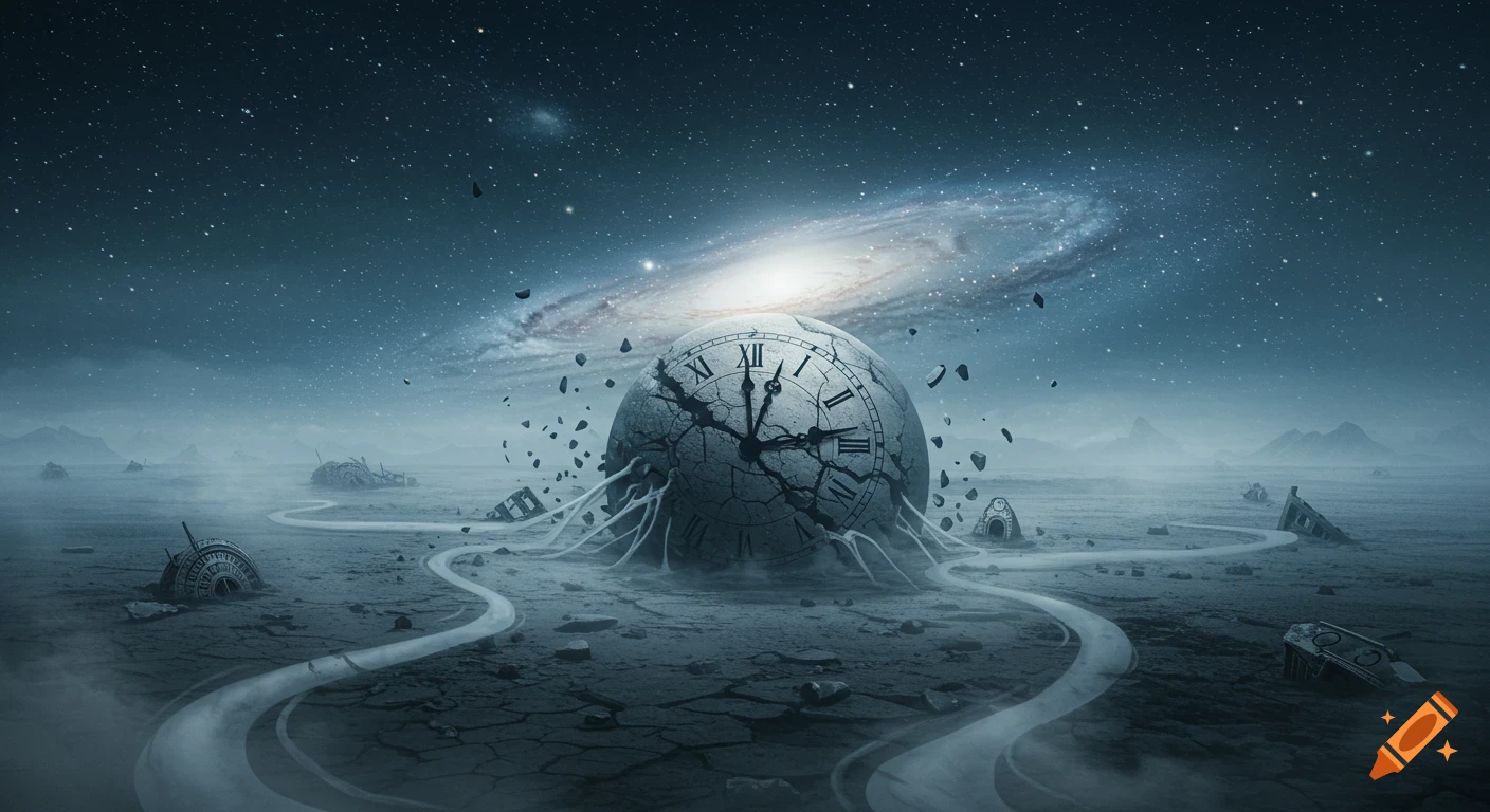 Cracked clock planet in a desolate, misty landscape under a starry galaxy, surreal dystopian art.