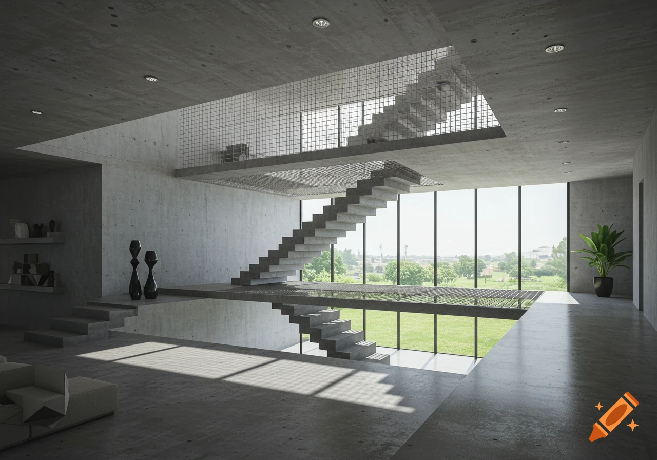 Photorealistic modern mezzanine interior with a concrete staircase, safety net, and large windows overlooking a green landscape.