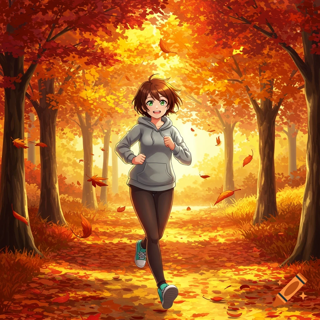 An anime girl with brown hair and green eyes jogs through a vibrant autumn forest with red and orange leaves.