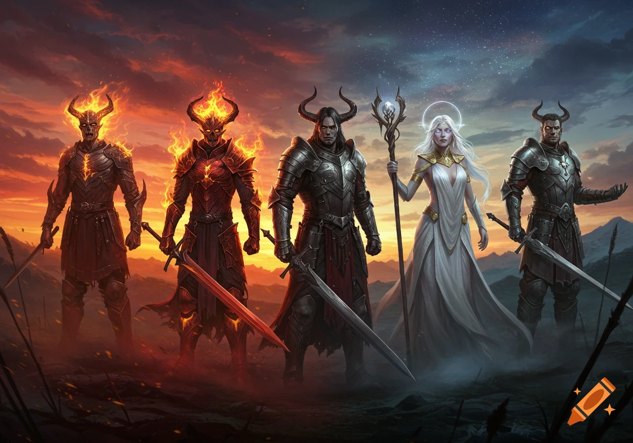 Five fantasy figures, including horned warriors, a fiery demon, and an angelic woman, stand armed under a sunset and starry sky.