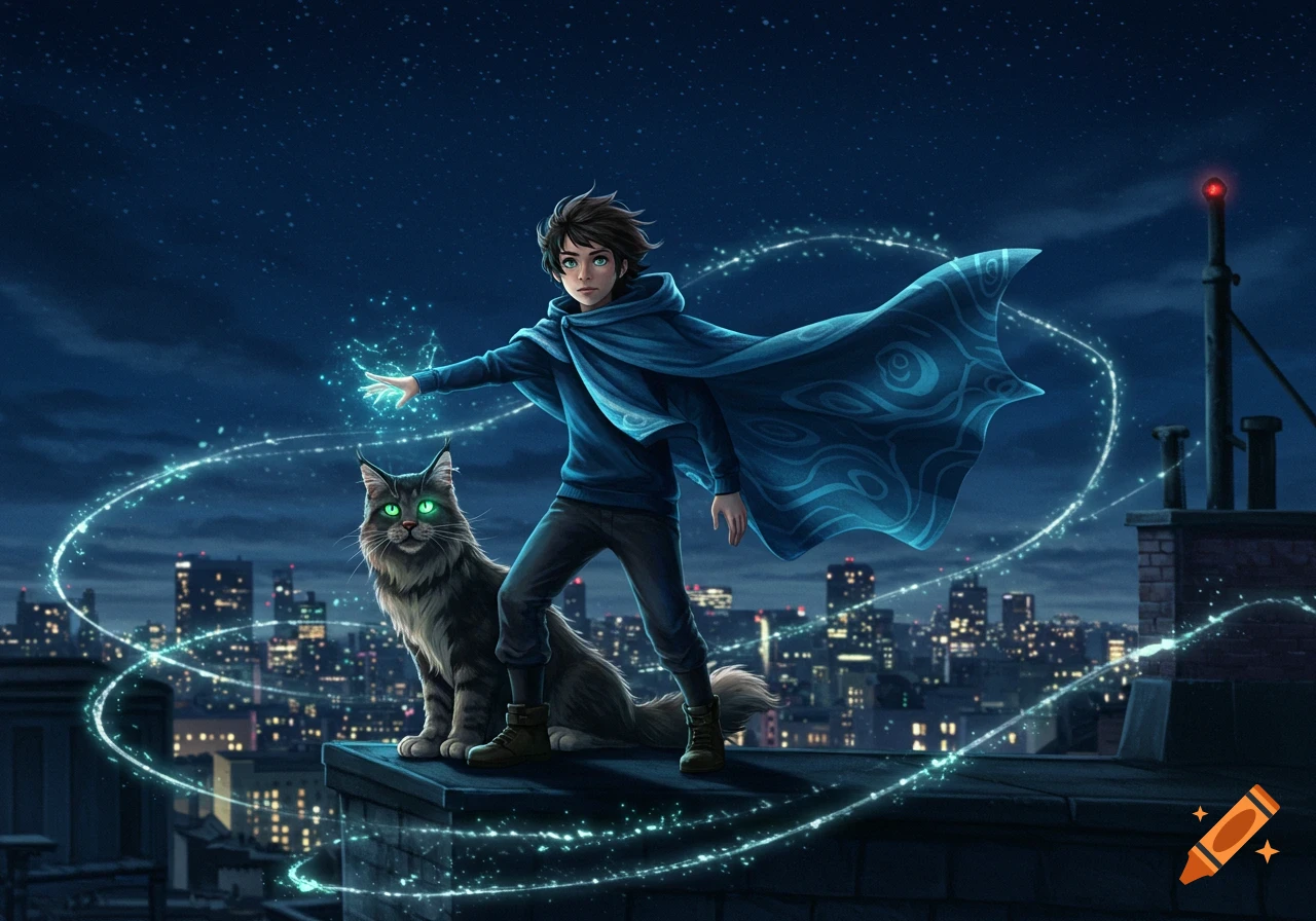 Fantasy illustration of a boy in a blue cloak casting magic with a glowing cat on a city rooftop at night.